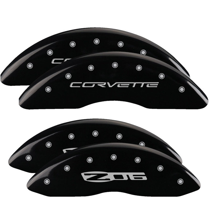 MGP 4 Caliper Covers Engraved Front C6/Corvette Engraved Rear C6/Z06 Black finish silver ch MGP