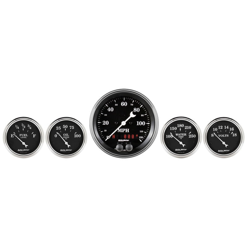 Auto Meter Gauge Kit 5 pc. 3 3/8in & 2 1/16in GPS Speedometer Old Tyme Black 1750