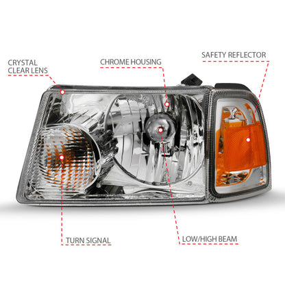 ANZO 2001-2011 Ford Ranger Crystal Headlight Chrome w/Corner Lights (OE Replacement) - eliteracefab.com