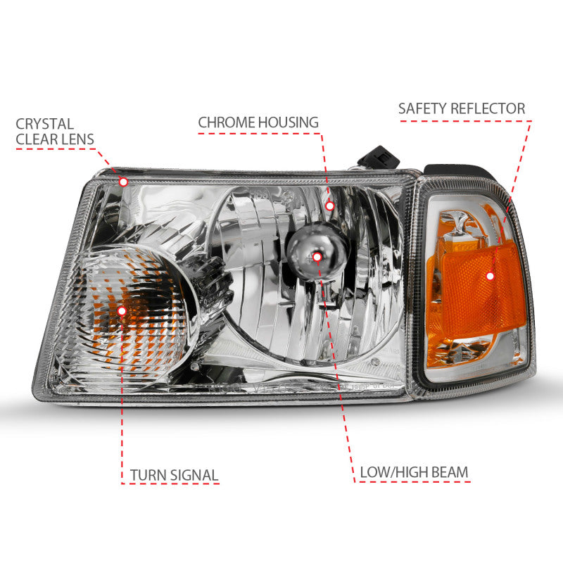 ANZO 2001-2011 Ford Ranger Crystal Headlight Chrome w/Corner Lights (OE Replacement) - eliteracefab.com