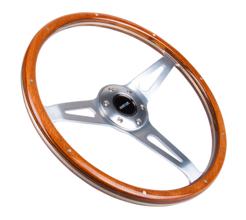 NRG Classic Wood Grain Steering Wheel (365mm) Wood w/Metal Accents & Polished Alum. 3-Spoke Center - ST-065