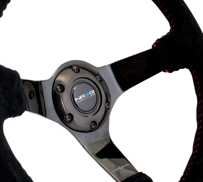 NRG Reinforced Sport Steering Wheel 350mm 3 Inch Deep black Suede with red Baseball Stitching Black Spoke - eliteracefab.com