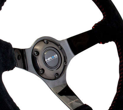 NRG Reinforced Sport Steering Wheel 350mm 3 Inch Deep black Suede with red Baseball Stitching Black Spoke - eliteracefab.com