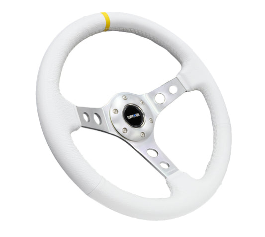 NRG Innovations 350mm Reinforced Deep Dish Steering Wheel - Leather - White Leather - Silver Spokes – RST-006WT-Y