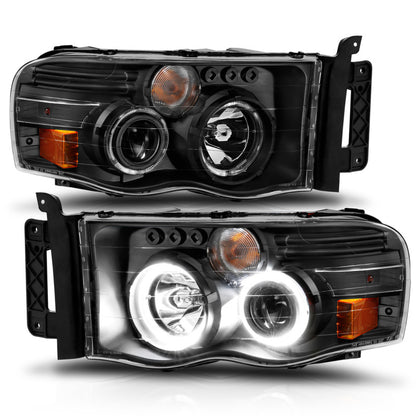 ANZO 2002-2005 Dodge Ram 1500 Projector Headlights w/ Halo Black Clear Amber - eliteracefab.com