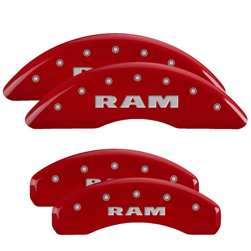 MGP 4 Caliper Covers Engraved Front & Rear 2019 Ram 1500 Red Finish Silver RAM Logo - eliteracefab.com