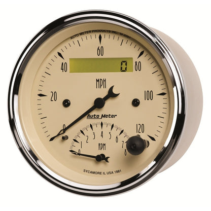 AutoMeter Gauge Tach/Speedo 3-3/8in. 120MPH & 8K RPM Elec. Program. Antq Beige 1881