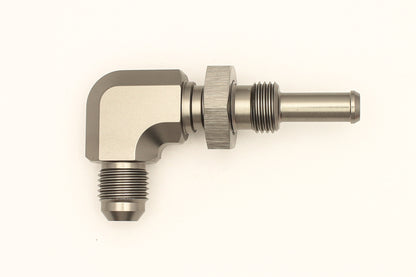 DeatschWerks 6AN Male Flare To 5/16in. Male Barb Bulkhead Adapter 90-Degree (Incl. Nut) - eliteracefab.com