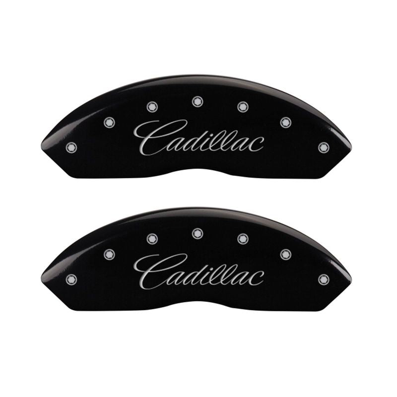 MGP 4 Caliper Covers Engraved Front Cursive/Cadillac Engraved Rear SRX Black finish silver ch MGP