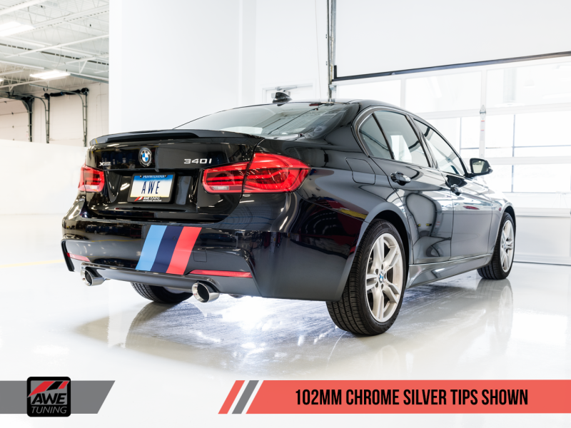 AWE Tuning BMW F3X 340i Touring Edition Axle-Back Exhaust - Chrome Silver Tips (102mm) - eliteracefab.com