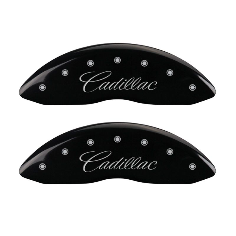 MGP 4 Caliper Covers Engraved Front Cursive/Cadillac Engraved Rear CTS Black finish silver ch MGP