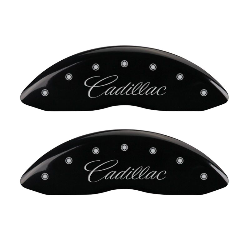 MGP 4 Caliper Covers Engraved Front & Rear Cursive/Cadillac Black finish silver ch MGP