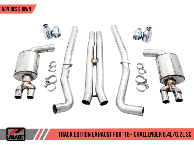 AWE Tuning 2015+ Dodge Challenger 6.4L/6.2L SC Track Edition Exhaust - Quad Chrome Silver Tips - eliteracefab.com