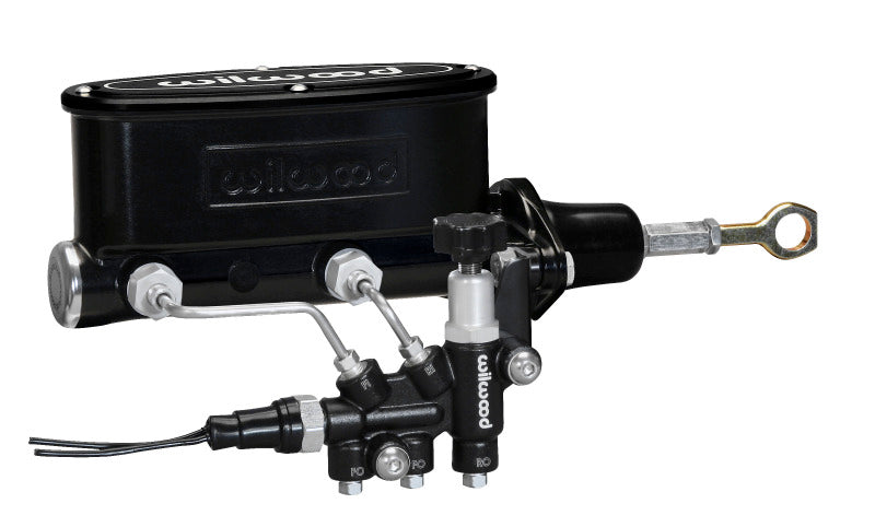 Wilwood HV Tandem M/C Kit w L/H Bracket & Prop Valve - 7/8in Bore Black-W/Push. - Early Mustang - eliteracefab.com