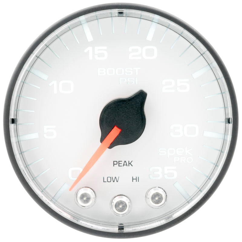 Autometer Spek-Pro 2 1/16in 35PSI Stepper Motor W/Peak & Warn White/Black Boost Gauge P303128