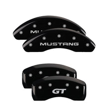 Load image into Gallery viewer, MGP 4 Caliper Covers Engraved Front Mustang Engraved Rear SN95/GT Black finish silver ch MGP