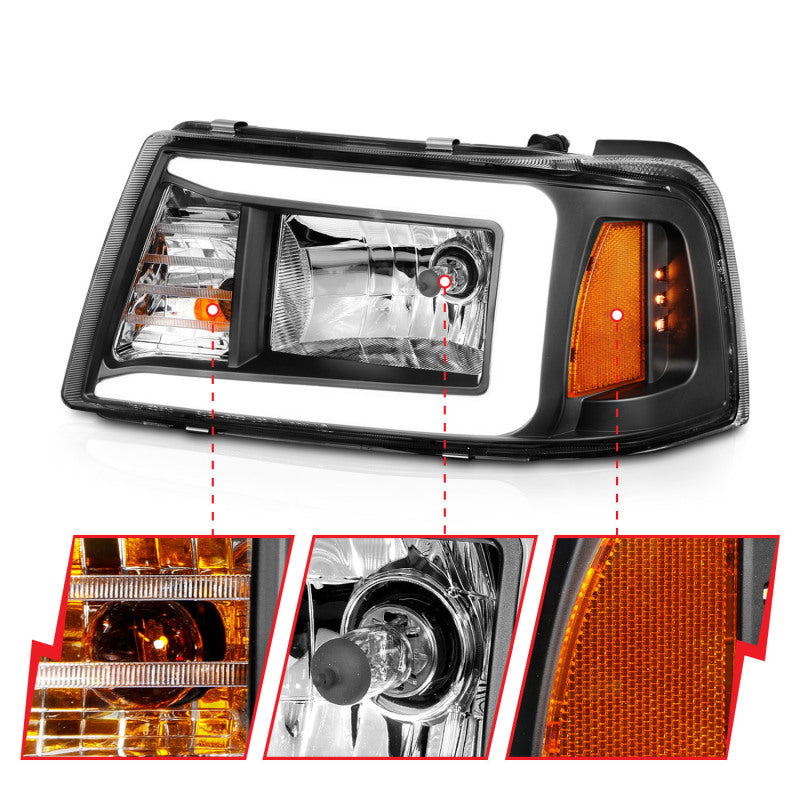 ANZO 2001-2011 Ford Ranger Crystal Headlights w/ Light Bar Black Housing - eliteracefab.com