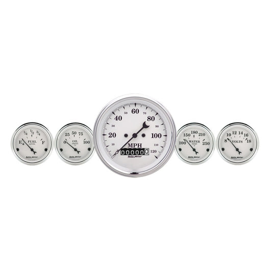 AutoMeter Gauge Kit 5 Pc. 3-3/8in. & 2-1/16in. Elec. Speedometer Old Tyme White 1640