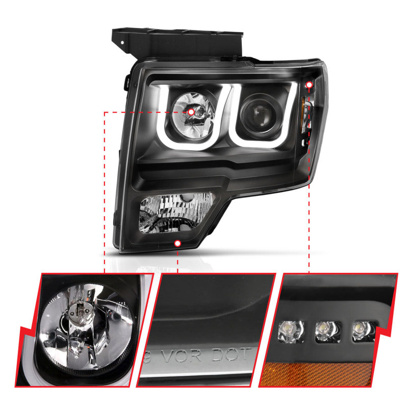 ANZO 2009-2014 Ford F-150 Projector Headlights w/ U-Bar Switchback Black w/ Amber - eliteracefab.com