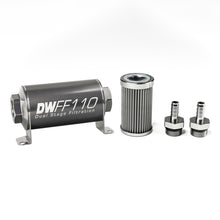 Load image into Gallery viewer, DeatschWerks Stainless Steel 3/8in 100 Micron Universal Inline Fuel Filter Housing Kit (110mm) - eliteracefab.com