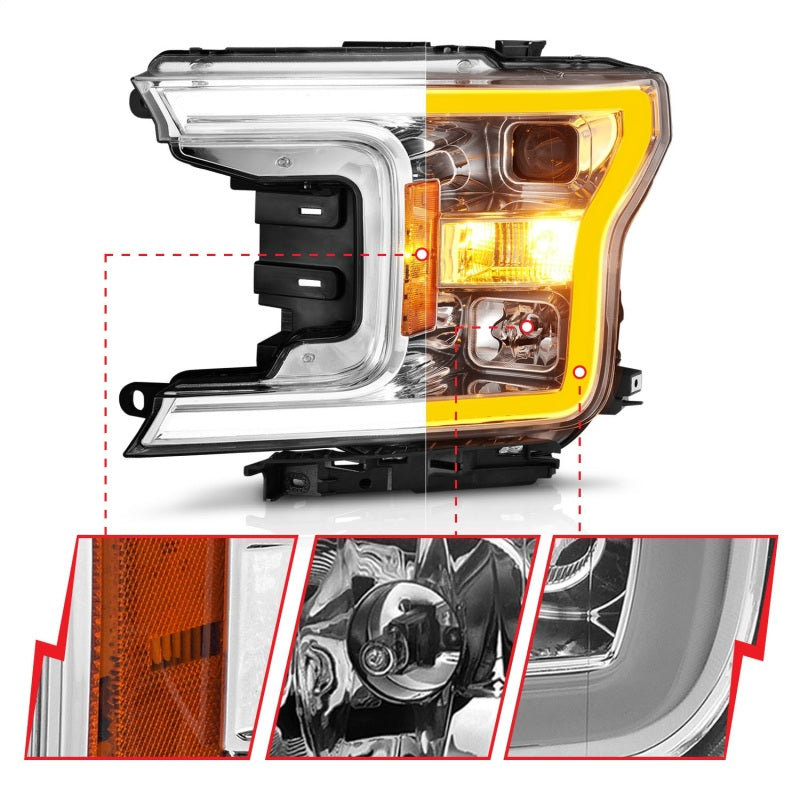 ANZO 2018-2020 Ford F-150 Projector Headlight w/Plank Style Switchback Chrome Housing - eliteracefab.com