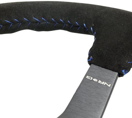 NRG Innovations 350mm Reinforced Solid-Spoke Steering Wheel - Suede - Matte Black Spokes - Blue Baseball Stitch – RST-036MB-S-BL