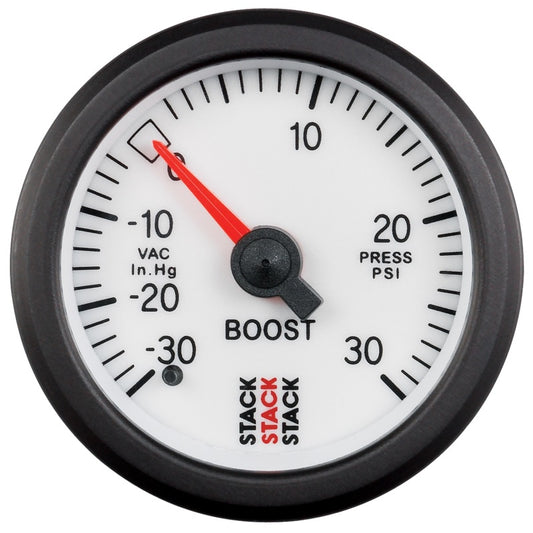 Autometer Stack 52mm -30INHG to +30 PSI (Incl T-Fitting) Mechanical Boost Pressure Gauge - White ST3162