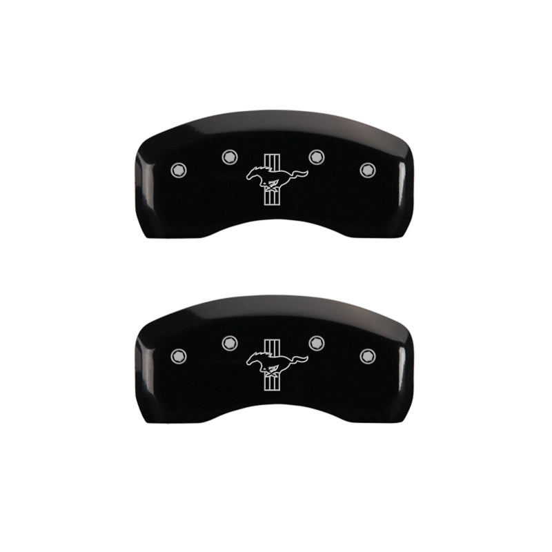 MGP 4 Caliper Covers Engraved Front Mustang Engraved Rear Bar & Pony Black finish silver ch MGP