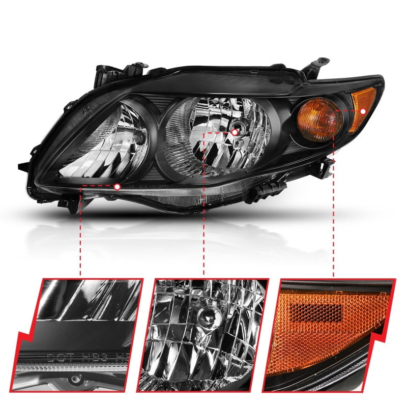 ANZO 2009-2010 Toyota Corolla Crystal Headlight Black Amber - eliteracefab.com