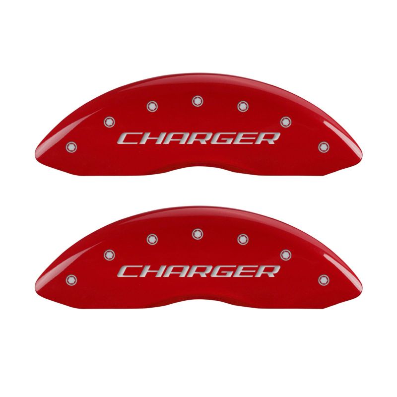 MGP 4 Caliper Covers Engraved Front Charger Engraved Rear RT Red finish silver ch MGP