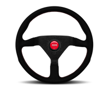 Load image into Gallery viewer, Momo Montecarlo Alcantara Steering Wheel 320 mm - Black/Red Stitch/Black Spokes - eliteracefab.com