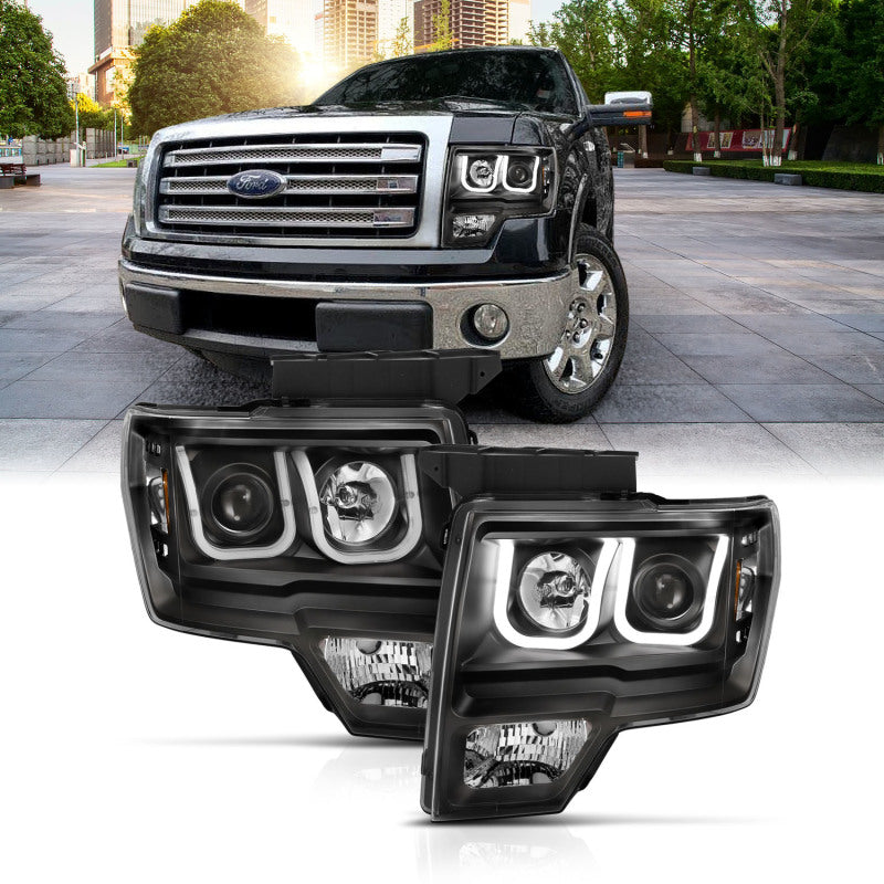 ANZO 2009-2014 Ford F-150 Projector Headlights w/ U-Bar Switchback Black w/ Amber - eliteracefab.com