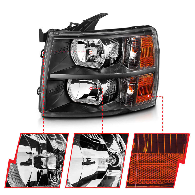 ANZO 2007-2013 Chevrolet Silverado Crystal Headlights Black - eliteracefab.com