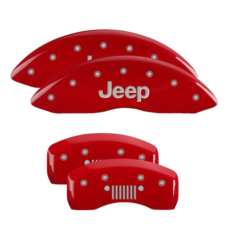 MGP 4 Caliper Covers Engraved Front JEEP Engraved Rear JEEP Grill logo Red finish silver ch MGP