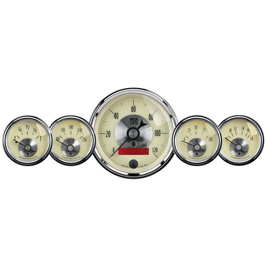 AutoMeter Gauge Kit 5 Pc. 3-3/8in. & 2-1/16in. Elec. Speedo W/Lcd Odo Prestige Antq. Ivory 2000