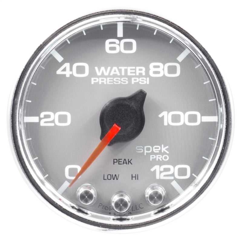 Autometer Spek-Pro Gauge Water Press 2 1/16in 120psi Stepper Motor W/Peak & Warn Slvr/Chrm P34521