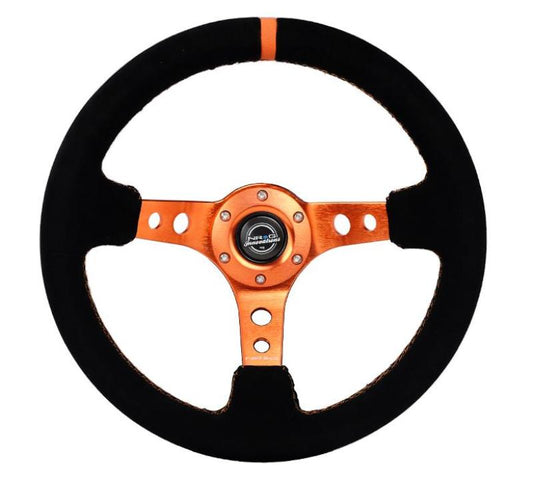 NRG Innovations 350mm Reinforced Deep Dish Steering Wheel - Suede - Orange Spokes - Orange Stitch – RST-006S-OR