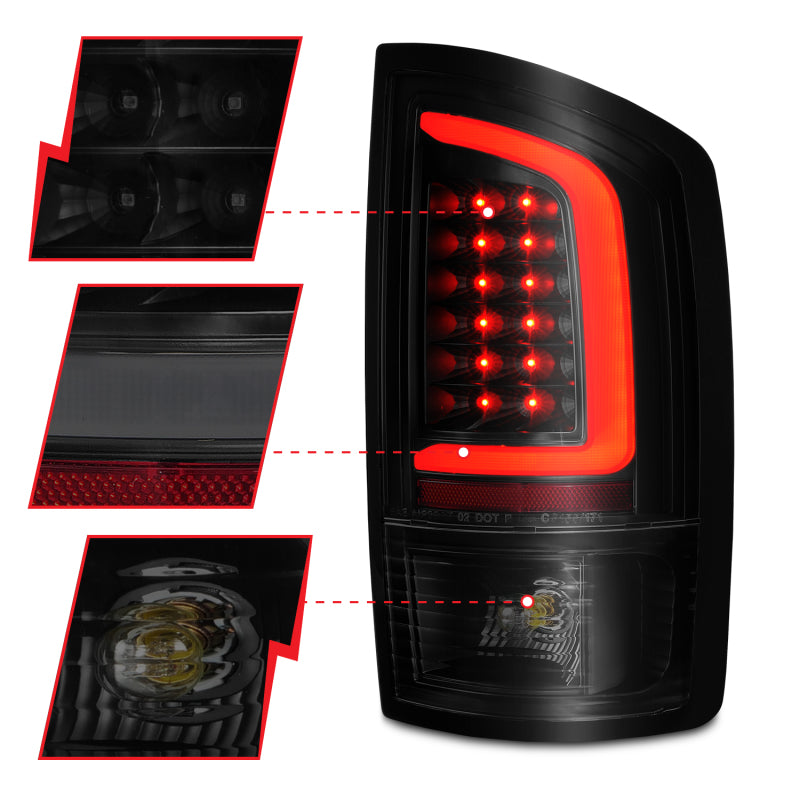 ANZO 2002-2006 Dodge Ram 1500 LED Tail Lights w/ Light Bar Black Housing Smoke Lens - eliteracefab.com