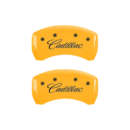 MGP 4 Caliper Covers Engraved Front & Rear Cursive/Cadillac Yellow finish black ch MGP