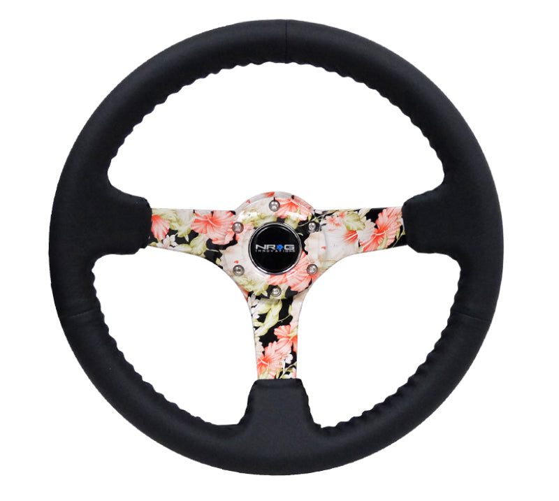 NRG Reinforced Steering Wheel (350mm / 3in. Deep) Blk Leather Floral Dipped w/ Blk Baseball Stitch - eliteracefab.com