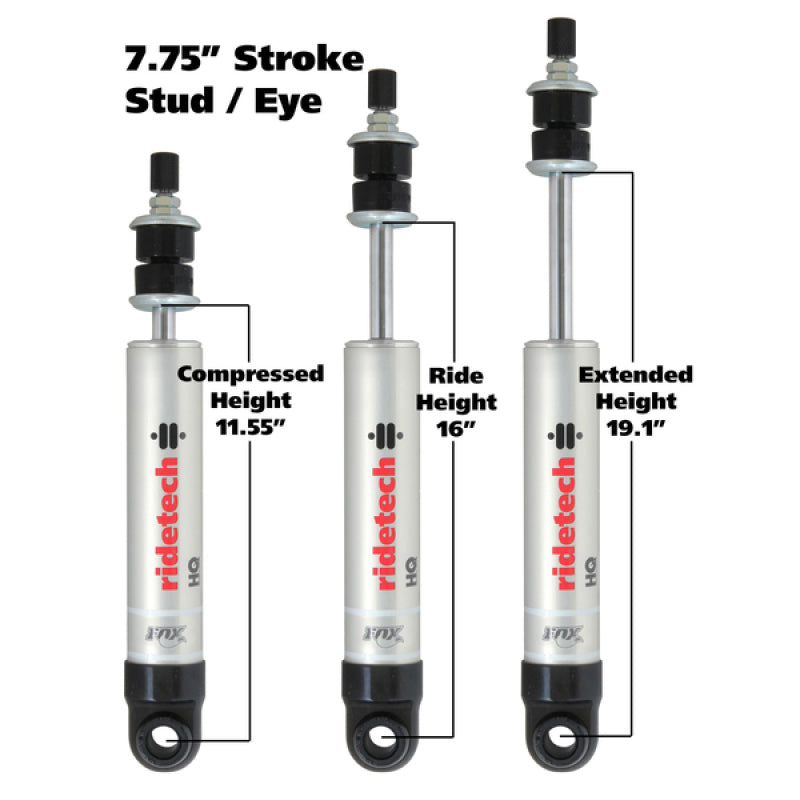 Ridetech HQ Series Shock Absorber Single Adjustable 7.55in Stroke Eye/Stud Mounting 11.55in x 19.1in