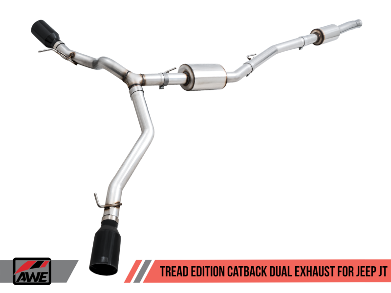 AWE Tuning 20-21 Jeep Gladiator JT 3.6L Tread Edition Cat-Back Dual Exhaust - Diamond Black Tip - eliteracefab.com