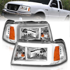 ANZO 2001-2011 Ford Ranger Crystal Headlights w/ Light Bar Chrome Housing - eliteracefab.com