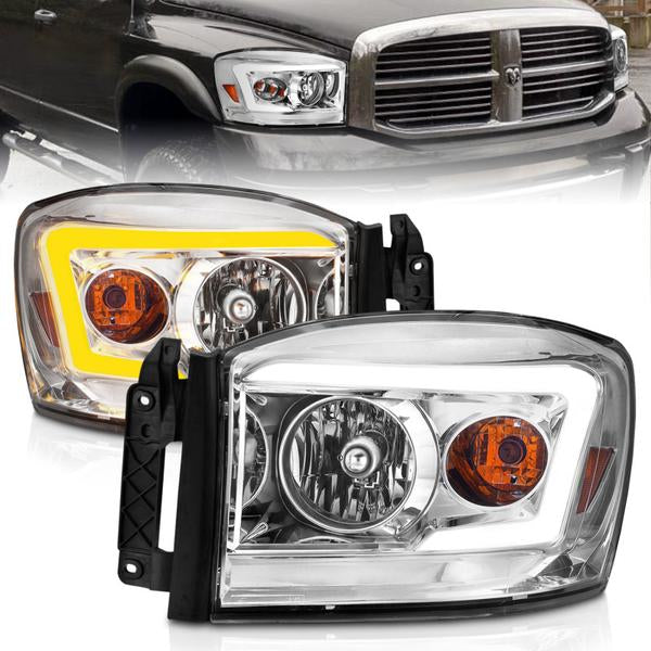 Anzo 06-09 Dodge RAM 1500/2500/3500 Headlights Chrome Housing/Clear Lens (w/Switchback Light Bars) - eliteracefab.com