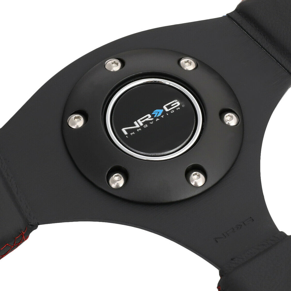 NRG Reinforced Sport Steering Wheel 320mm Dual Button Black Spoke Black Leather - eliteracefab.com