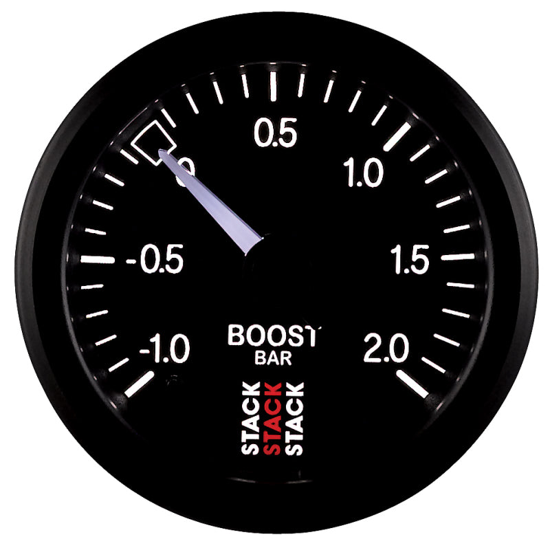 Autometer Stack 52mm -1 to +2 Bar T-Fitting 0.187in Barb (M) Mechanical Boost Pressure Gauge - Black ST3111