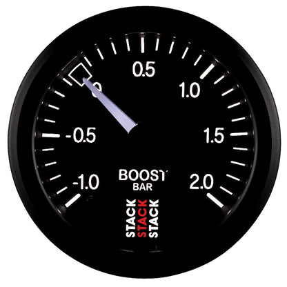 Autometer Stack 52mm -1 to +2 Bar T-Fitting 0.187in Barb (M) Mechanical Boost Pressure Gauge - Black ST3111