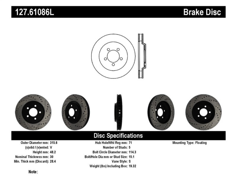 StopTech 05-10 Ford Mustang GT Front Left Slotted & Drilled Rotor - eliteracefab.com