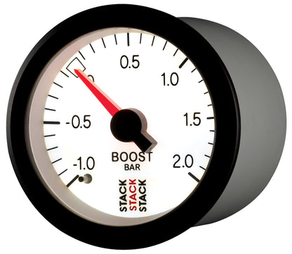 Autometer Stack 52mm -1 to +2 Bar T-Fitting 0.187in Barb (M) Mechanical Boost Pressure Gauge - White ST3161