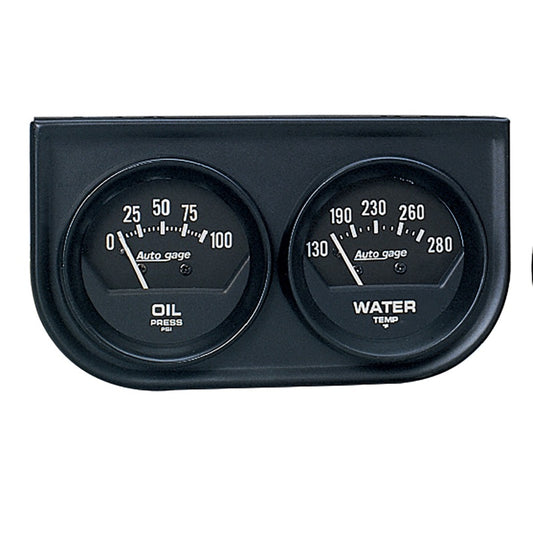 Autometer AutoGage Two-Gauge Console 52.4mm Mech 0-100 PSI Oil Press / 130-280 Deg Water Temp- Black 2345